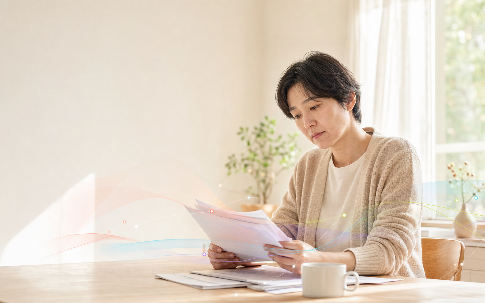 집에서 건강 기록을 살피며 다음 진료를 준비하는 보호자